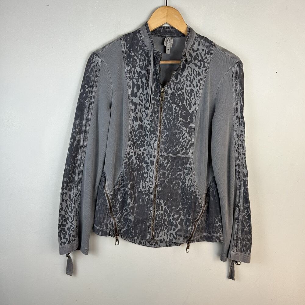 XCVI Serengeti Moto Jacket Womens Sz M Gray Leopard Print Stretch Neutral